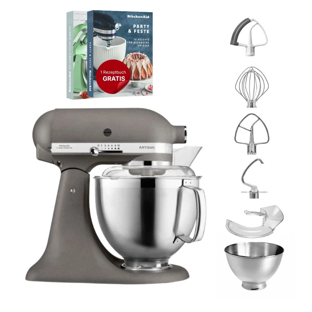 KitchenAid 4,8 L 5KSM185 Artisan Küchenmaschine Flexiset Artisan + Flexirührer-Imperial Grey