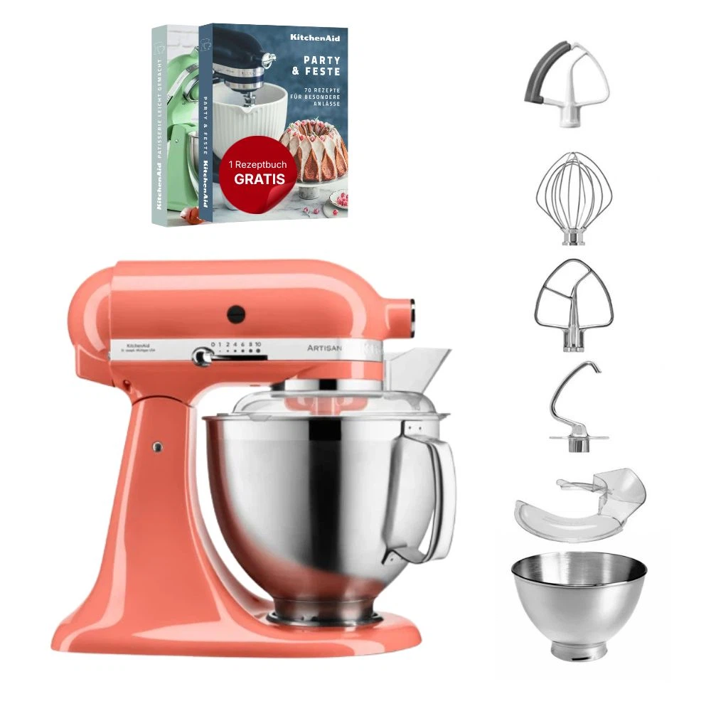 KitchenAid 4,8 L 5KSM185 Artisan Küchenmaschine Flexiset Artisan + Flexirührer-Koralle