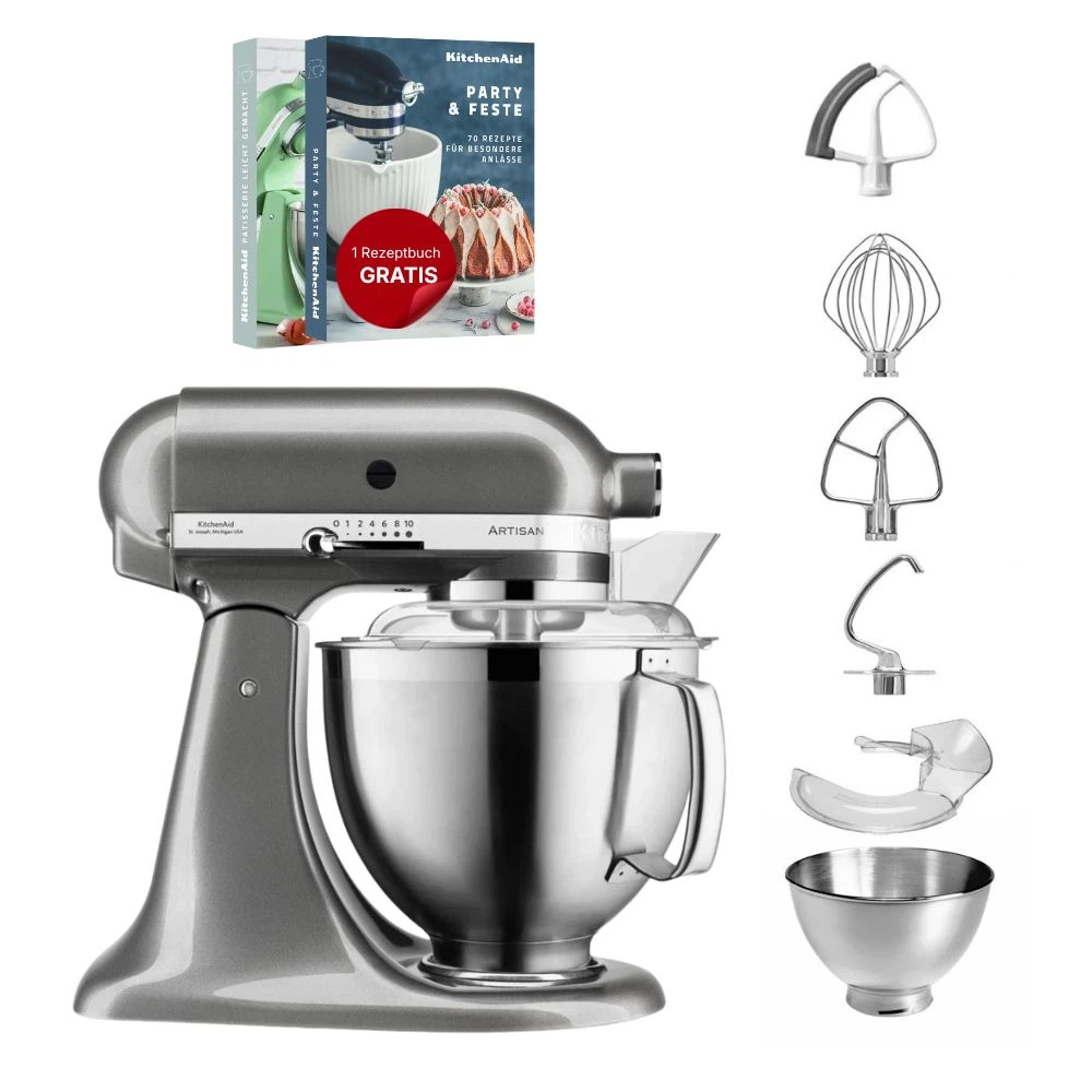 KitchenAid 4,8 L 5KSM185 Artisan Küchenmaschine Flexiset Artisan + Flexirührer-Medaillon Silber
