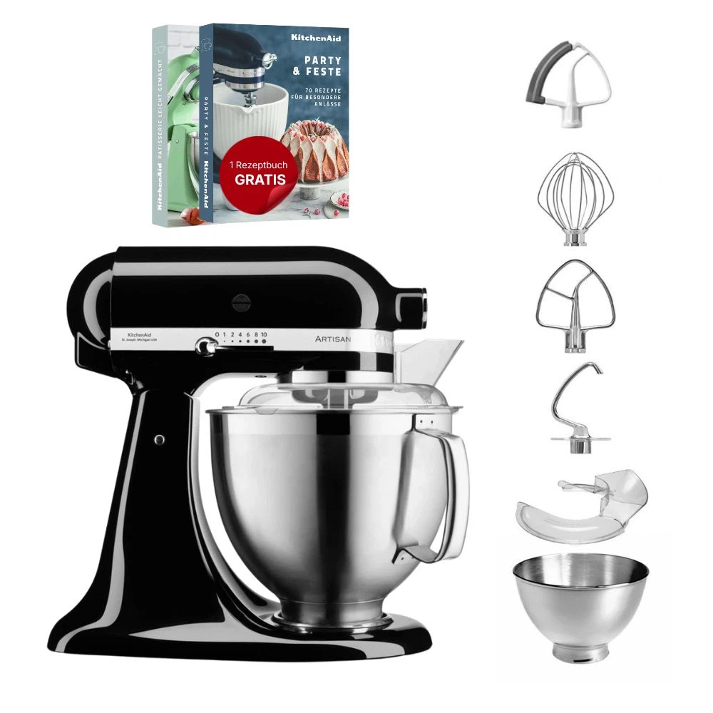 KitchenAid 4,8 L 5KSM185 Artisan Küchenmaschine Flexiset Artisan + Flexirührer-Onyx Schwarz