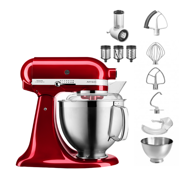 KitchenAid 4,8 L 5KSM185 Artisan Küchenmaschine Beginnerset Artisan Gemüseschneider+Flexirührer-Liebesapfel Rot