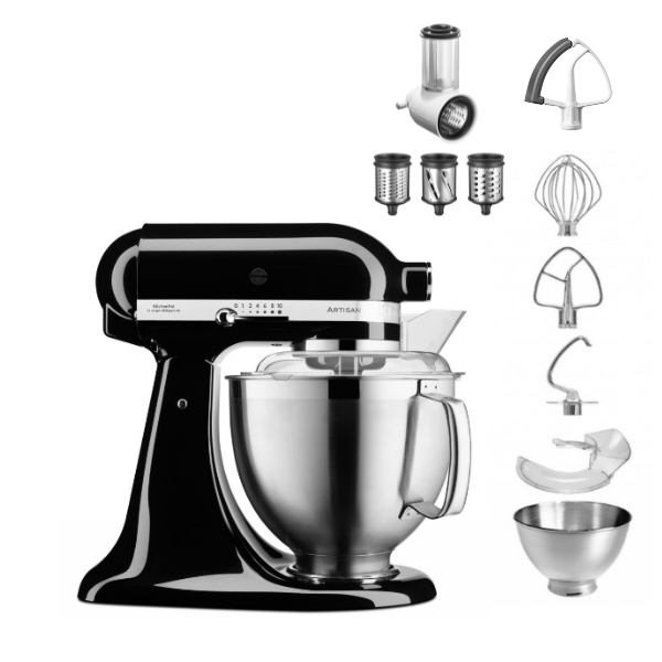 KitchenAid 4,8 L 5KSM185 Artisan Küchenmaschine Beginnerset Artisan Gemüseschneider+Flexirührer-Onyx Schwarz