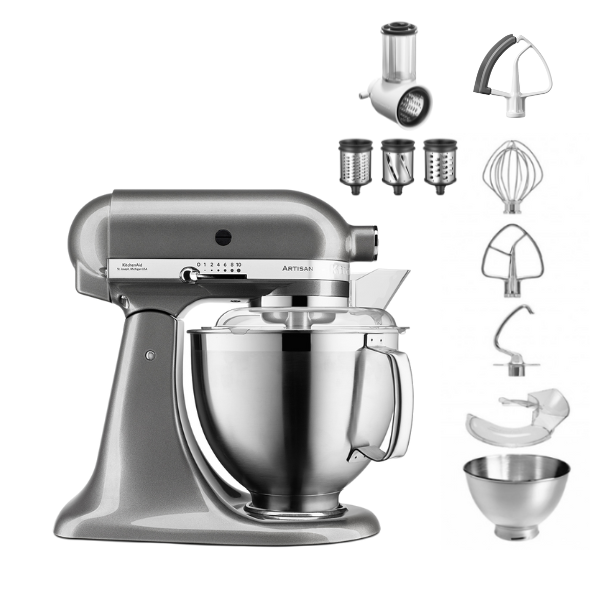 KitchenAid 4,8 L 5KSM185 Artisan Küchenmaschine Beginnerset Artisan Gemüseschneider+Flexirührer-Medallion Silber