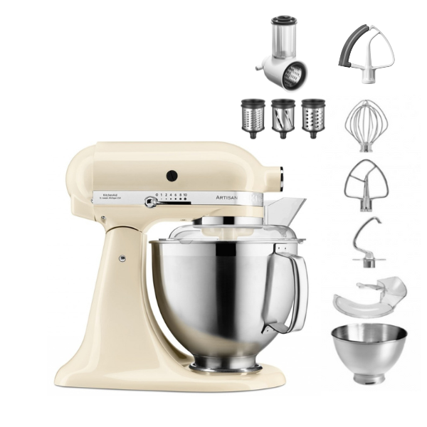 KitchenAid 4,8 L 5KSM185 Artisan Küchenmaschine Beginnerset Artisan Gemüseschneider+Flexirührer-Crème