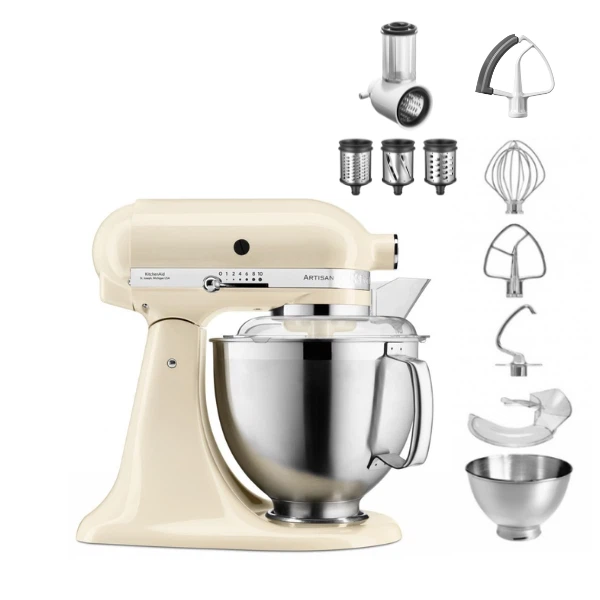 KitchenAid 4,8 L 5KSM185 Artisan Küchenmaschine Beginnerset Artisan Gemüseschneider+Flexirührer-Crème