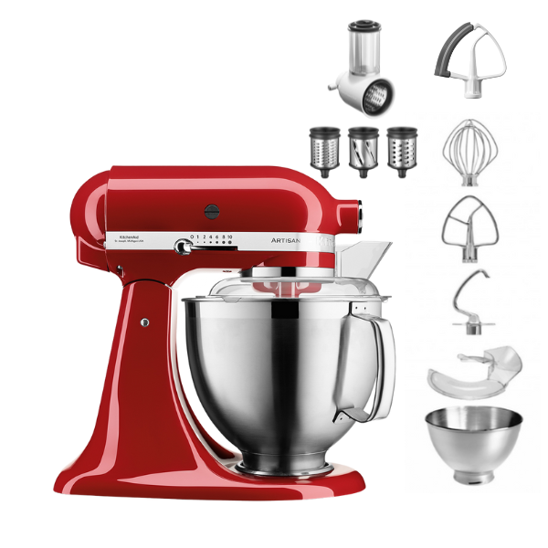 KitchenAid 4,8 L 5KSM185 Artisan Küchenmaschine Beginnerset Artisan Gemüseschneider+Flexirührer-Empire Rot