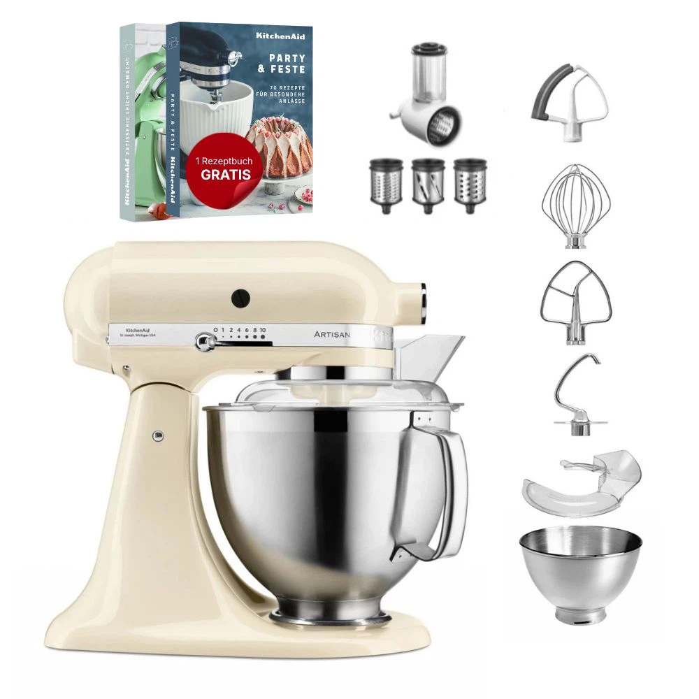 KitchenAid 4,8 L 5KSM185 Artisan Küchenmaschine Beginnerset Artisan Gemüseschneider+Flexirührer-Crème