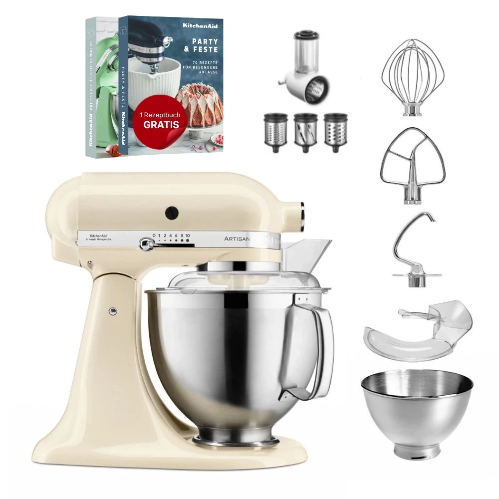 KitchenAid 4,8 L 5KSM185 Artisan Küchenmaschine Beginnerset Artisan Gemüseschneider+Flexirührer-Crème