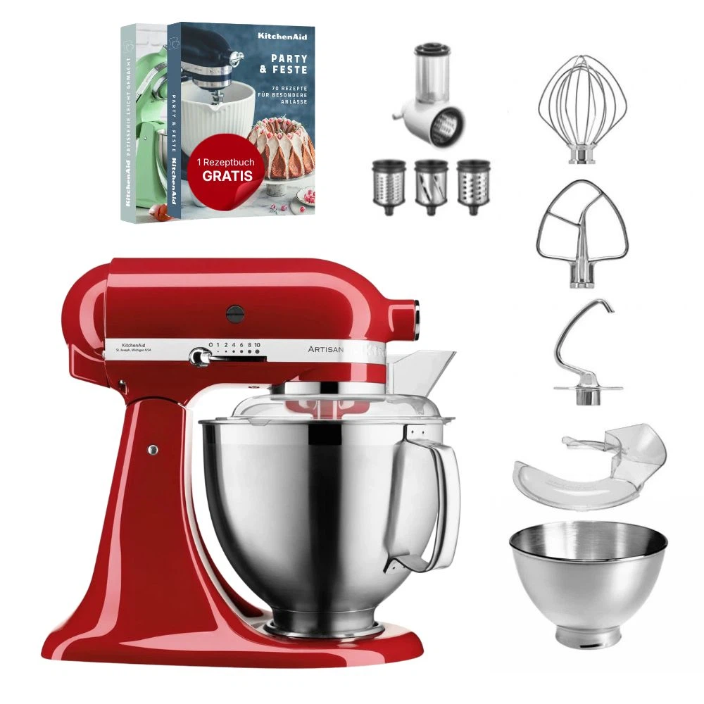 KitchenAid 4,8 L 5KSM185 Artisan Küchenmaschine Beginnerset Artisan Gemüseschneider+Flexirührer-Empire Rot