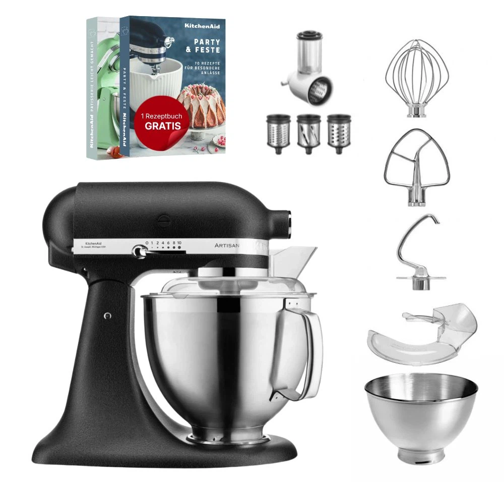 KitchenAid 4,8 L 5KSM185 Artisan Küchenmaschine Beginnerset Artisan Gemüseschneider+Flexirührer-Gusseisen Schwarz