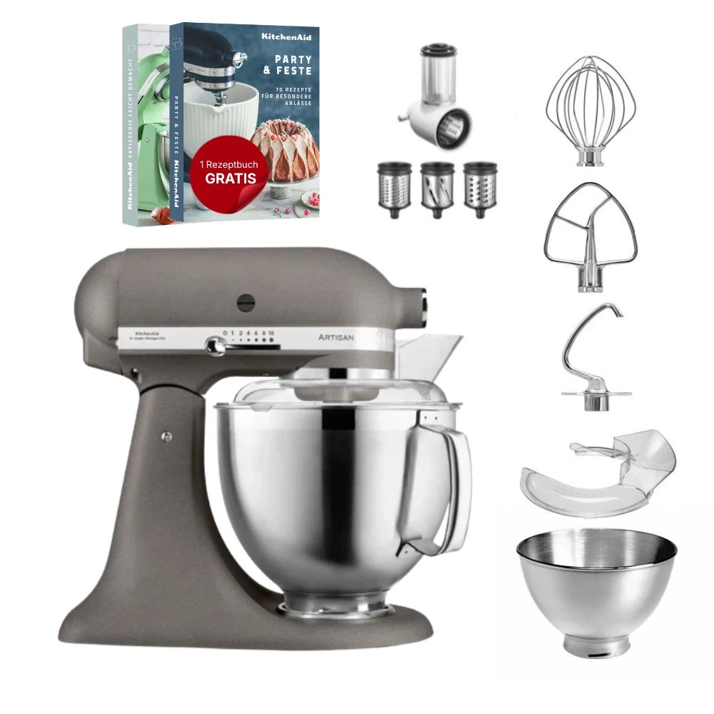 KitchenAid 4,8 L 5KSM185 Artisan Küchenmaschine Beginnerset Artisan Gemüseschneider+Flexirührer-Imperial Grey
