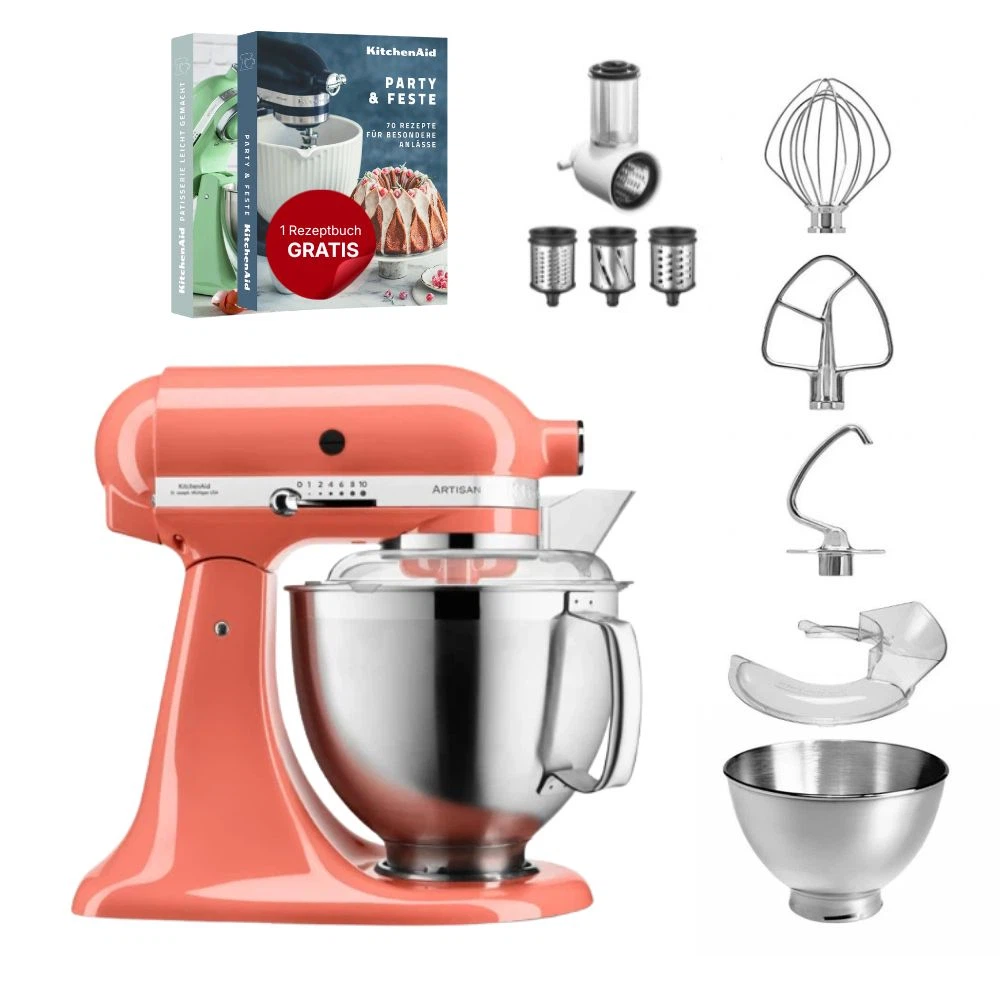 KitchenAid 4,8 L 5KSM185 Artisan Küchenmaschine Beginnerset Artisan Gemüseschneider+Flexirührer-Koralle