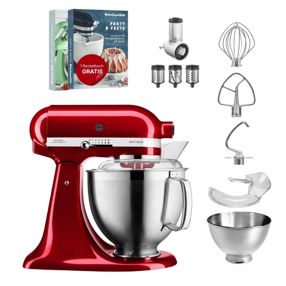 KitchenAid 4,8 L 5KSM185 Artisan Küchenmaschine Beginnerset Artisan Gemüseschneider+Flexirührer-Liebesapfel Rot