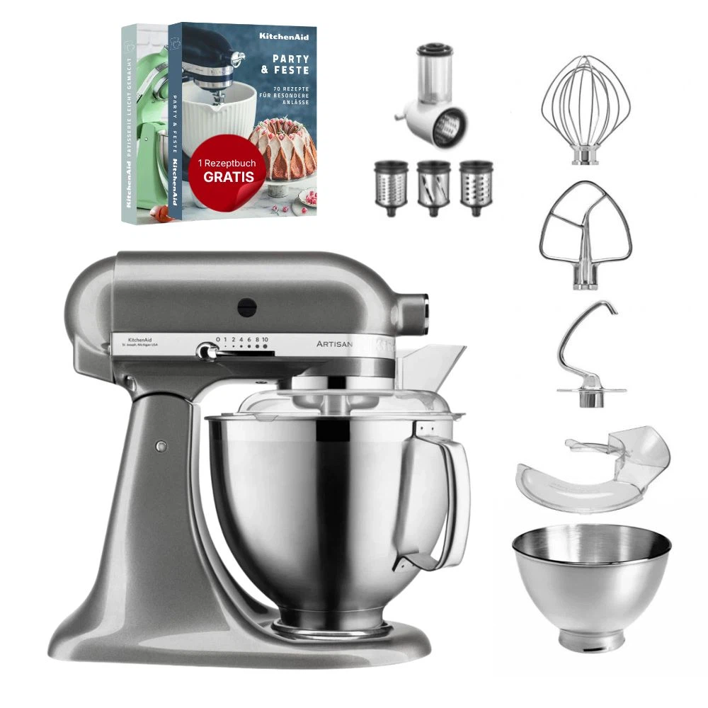 KitchenAid 4,8 L 5KSM185 Artisan Küchenmaschine Beginnerset Artisan Gemüseschneider+Flexirührer-Medaillon Silber