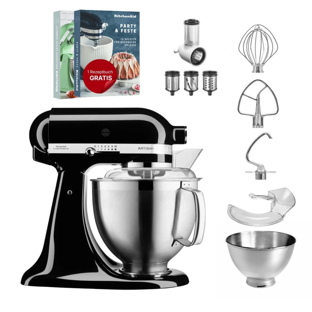 KitchenAid 4,8 L 5KSM185 Artisan Küchenmaschine Beginnerset Artisan Gemüseschneider+Flexirührer-Onyx Schwarz