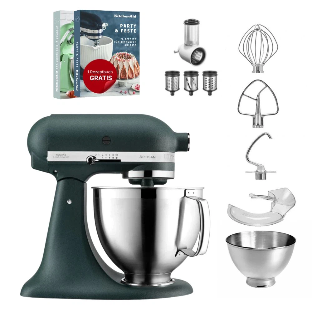 KitchenAid 4,8 L 5KSM185 Artisan Küchenmaschine Beginnerset Artisan Gemüseschneider+Flexirührer-Pebbled Palm