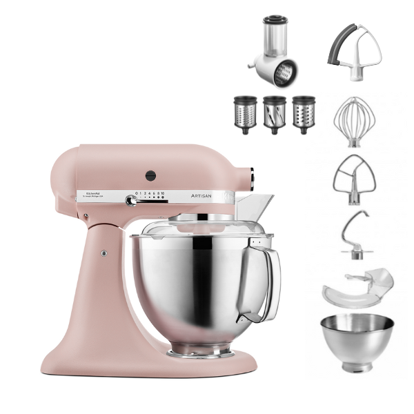 KitchenAid 4,8 L 5KSM185 Artisan Küchenmaschine Beginnerset Artisan Gemüseschneider+Flexirührer-Feather Pink