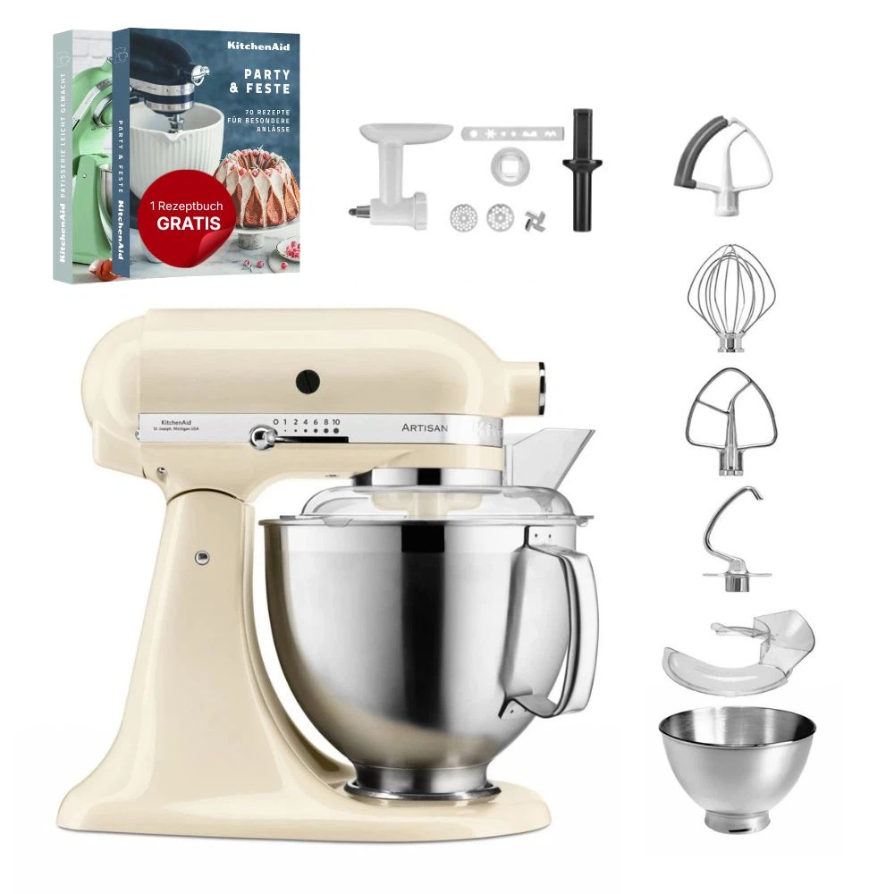 KitchenAid 4,8 L 5KSM185 Artisan Küchenmaschine Cookielover Artisan Fleischwolf+Spritzgebäck+Flexirührer-Crème