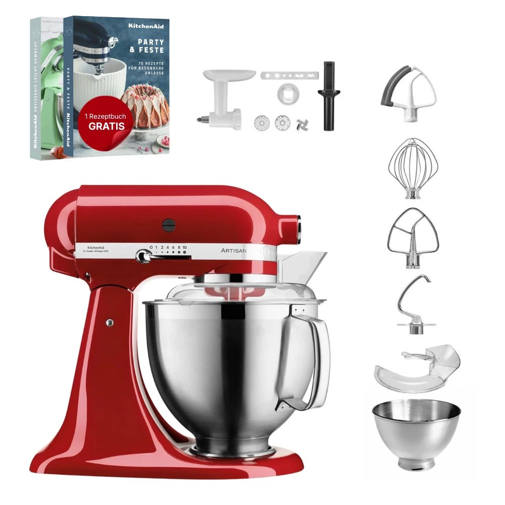 KitchenAid 4,8 L 5KSM185 Artisan Küchenmaschine Cookielover Artisan Fleischwolf+Spritzgebäck+Flexirührer-Empire Rot