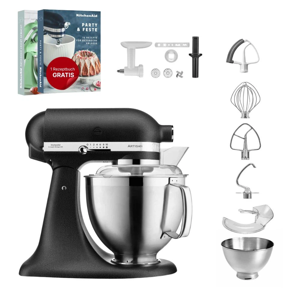 KitchenAid 4,8 L 5KSM185 Artisan Küchenmaschine Cookielover Artisan Fleischwolf+Spritzgebäck+Flexirührer-Gusseisen Schwarz