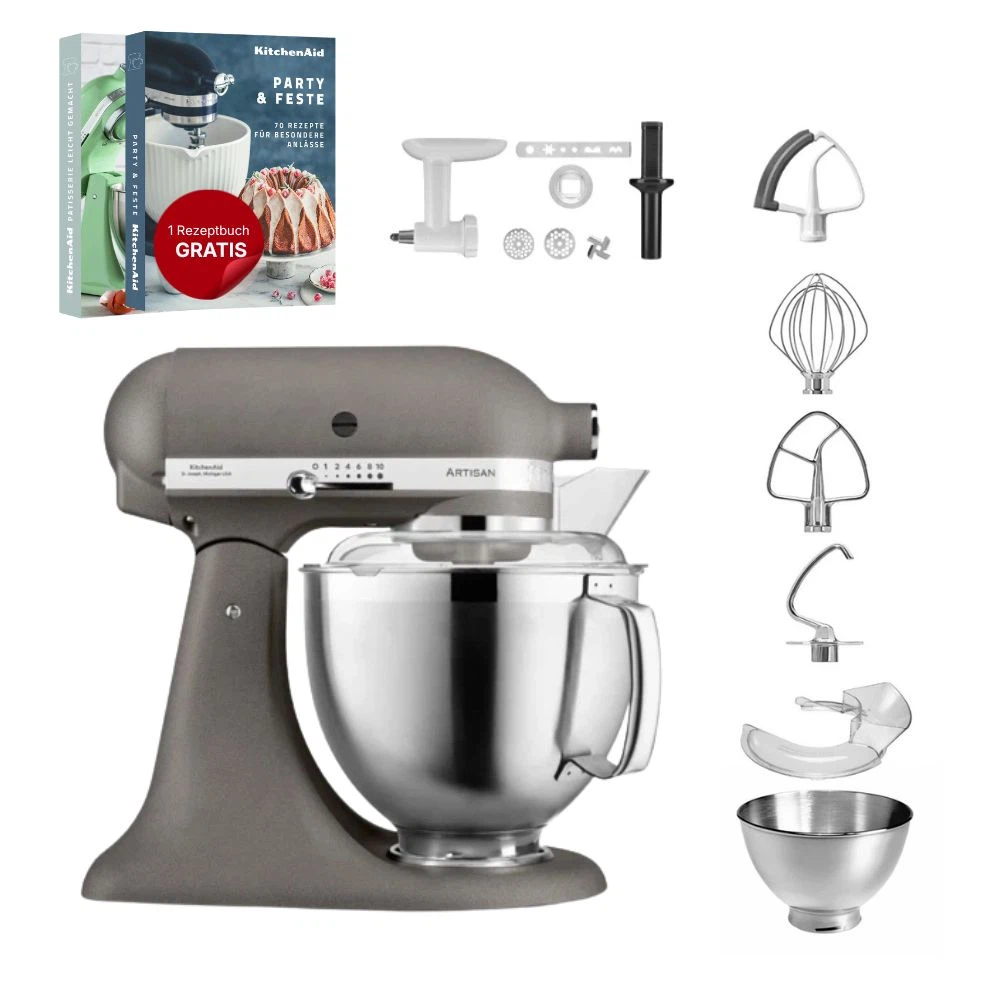 KitchenAid 4,8 L 5KSM185 Artisan Küchenmaschine Cookielover Artisan Fleischwolf+Spritzgebäck+Flexirührer-Imperial Grey