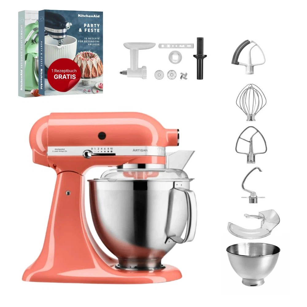 KitchenAid 4,8 L 5KSM185 Artisan Küchenmaschine Cookielover Artisan Fleischwolf+Spritzgebäck+Flexirührer-Koralle