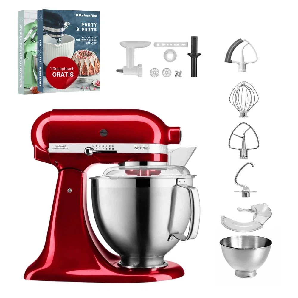 KitchenAid 4,8 L 5KSM185 Artisan Küchenmaschine Cookielover Artisan Fleischwolf+Spritzgebäck+Flexirührer-Liebesapfel Rot