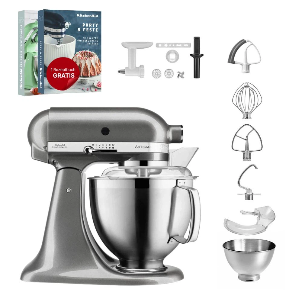 KitchenAid 4,8 L 5KSM185 Artisan Küchenmaschine Cookielover Artisan Fleischwolf+Spritzgebäck+Flexirührer-Medaillon Silber