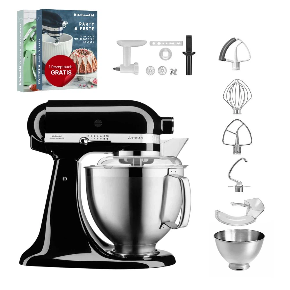 KitchenAid 4,8 L 5KSM185 Artisan Küchenmaschine Cookielover Artisan Fleischwolf+Spritzgebäck+Flexirührer-Onyx Schwarz