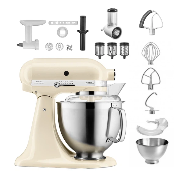 KitchenAid 4,8 L 5KSM185 Artisan Küchenmaschine Allrounderset Fleischwolf+Spritzgebäck+Gemüseschneider-Crème