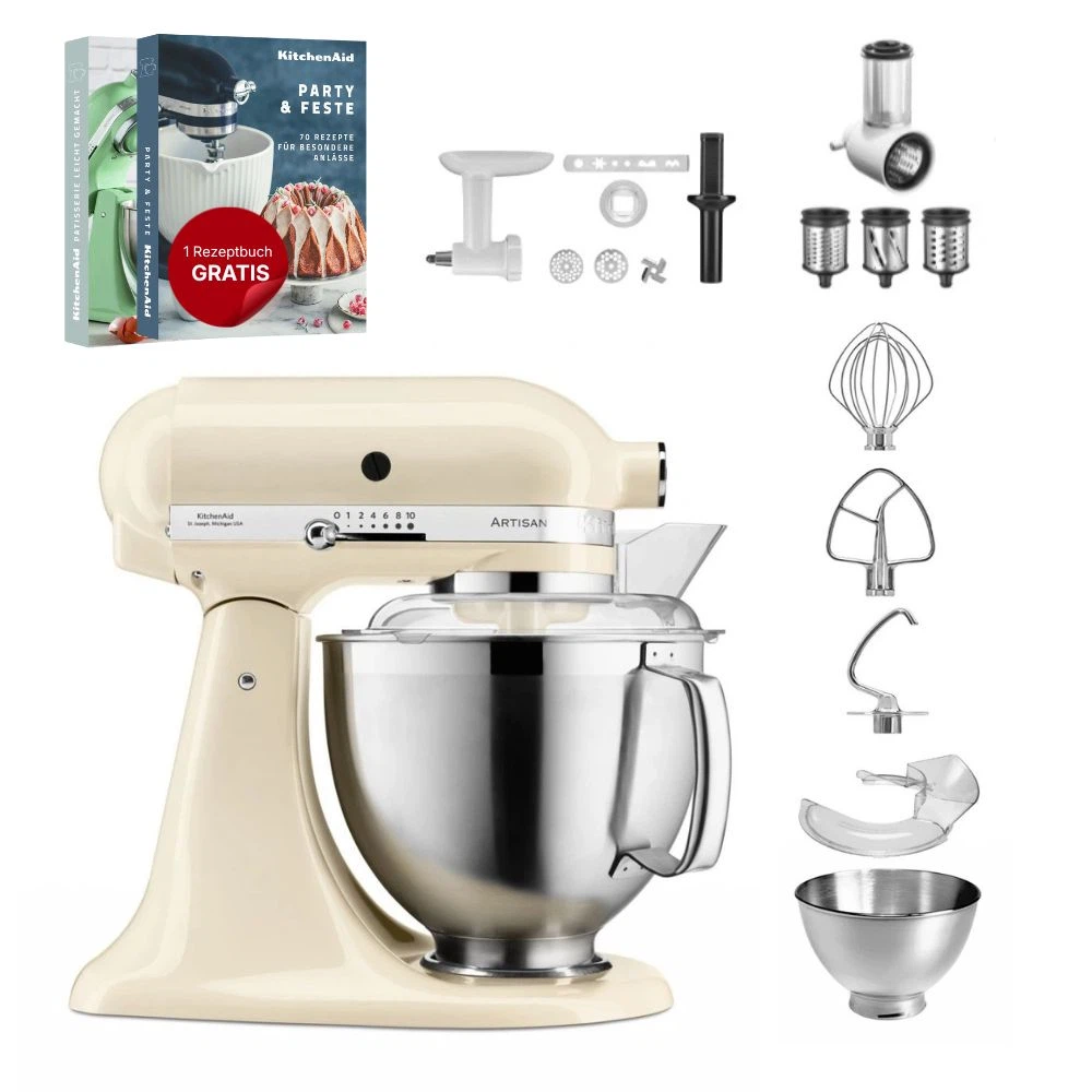 KitchenAid 4,8 L 5KSM185 Artisan Küchenmaschine Allrounderset Fleischwolf+Spritzgebäck+Gemüseschneider-Crème