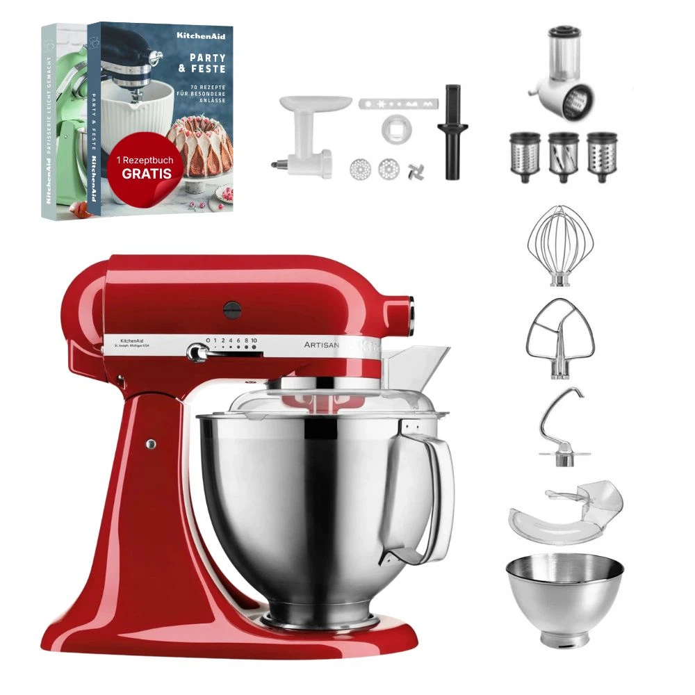 KitchenAid 4,8 L 5KSM185 Artisan Küchenmaschine Allrounderset Fleischwolf+Spritzgebäck+Gemüseschneider-Empire Rot