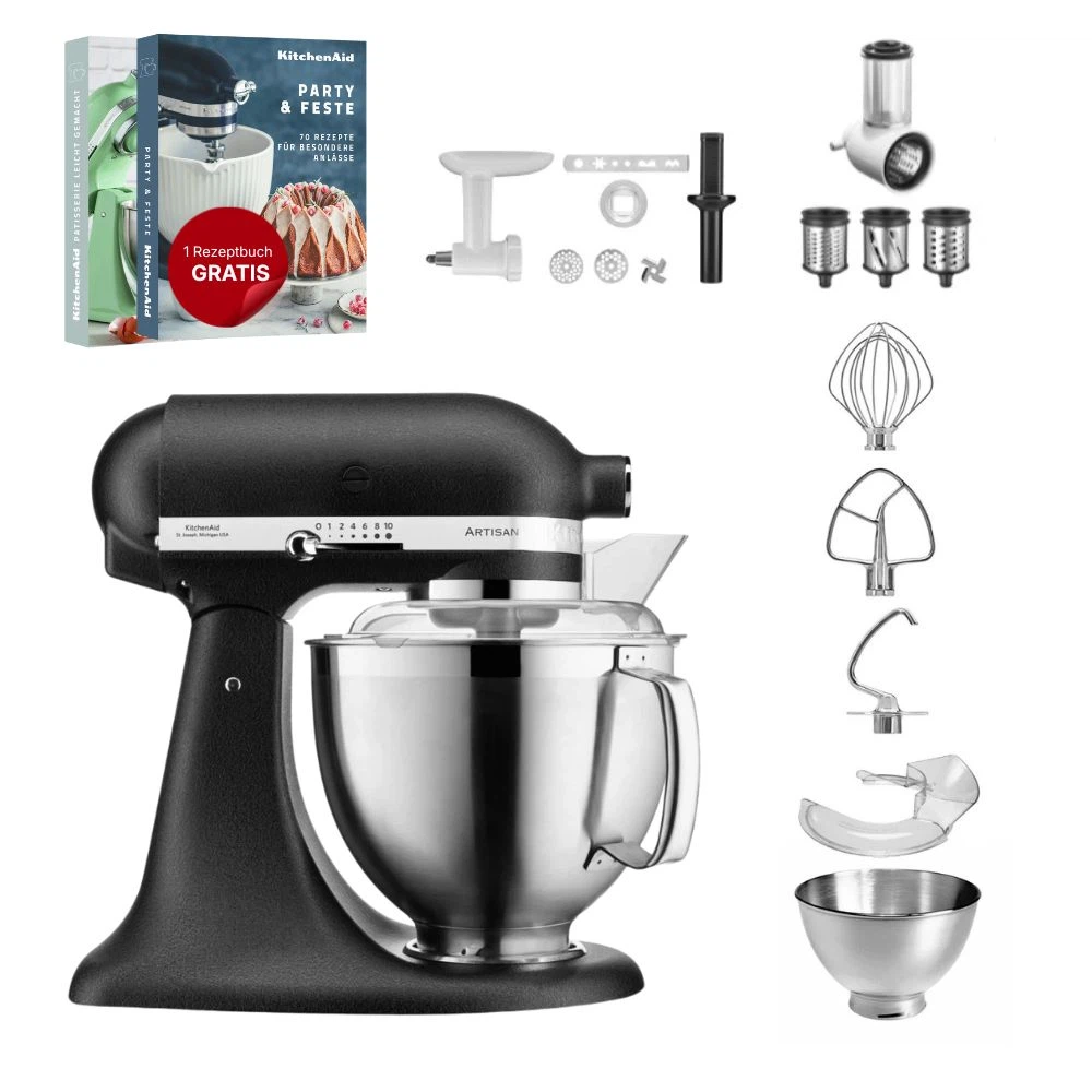KitchenAid 4,8 L 5KSM185 Artisan Küchenmaschine Allrounderset Fleischwolf+Spritzgebäck+Gemüseschneider-Gusseisen Schwarz