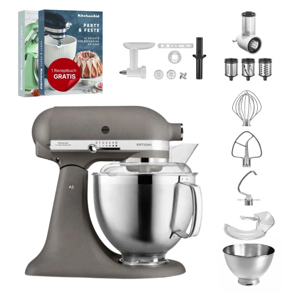 KitchenAid 4,8 L 5KSM185 Artisan Küchenmaschine Allrounderset Fleischwolf+Spritzgebäck+Gemüseschneider-Imperial Grey