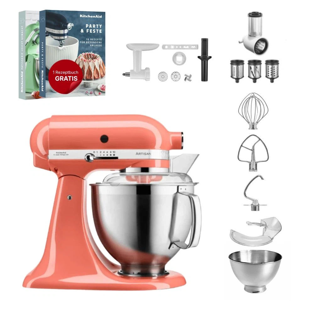 KitchenAid 4,8 L 5KSM185 Artisan Küchenmaschine Allrounderset Fleischwolf+Spritzgebäck+Gemüseschneider-Koralle