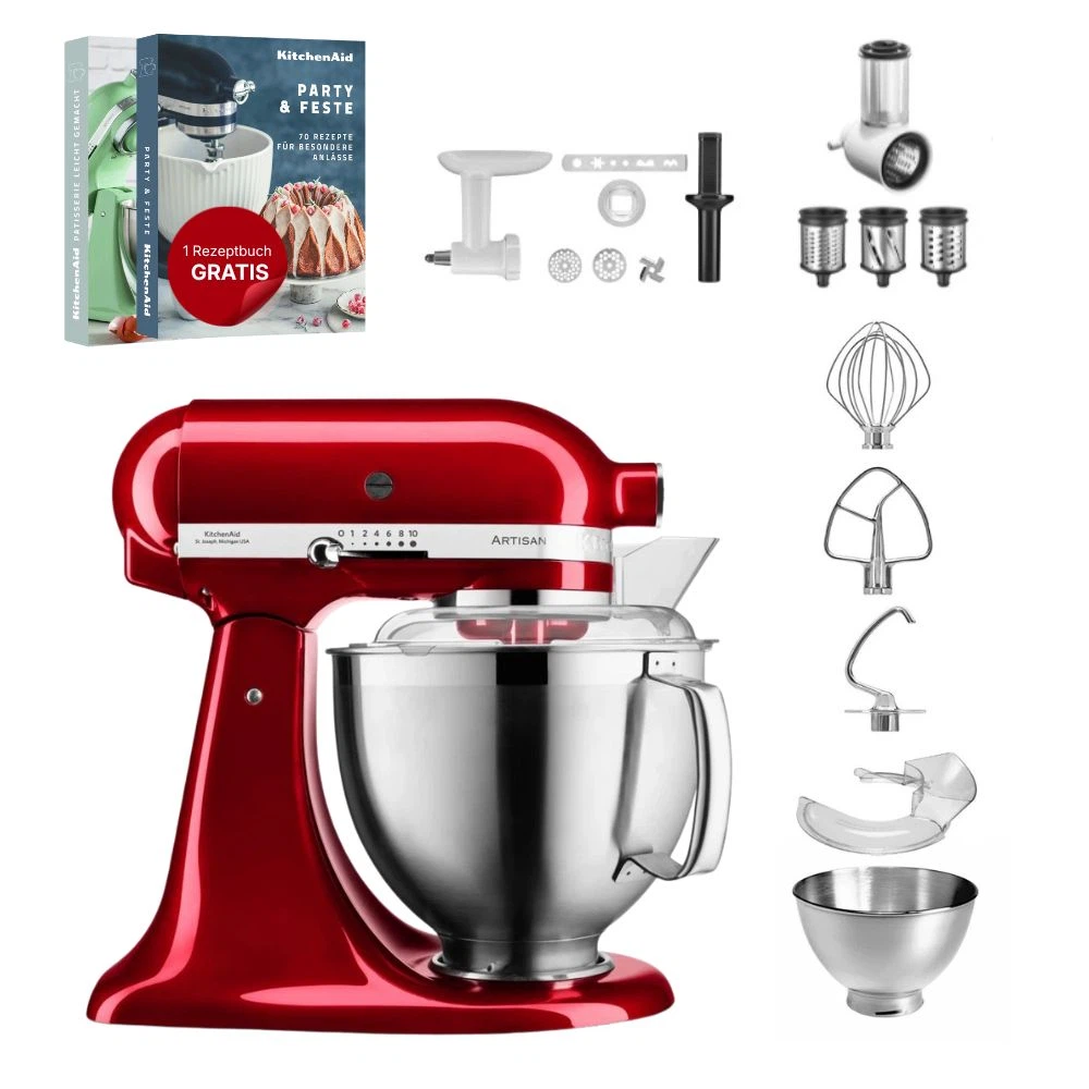 KitchenAid 4,8 L 5KSM185 Artisan Küchenmaschine Allrounderset Fleischwolf+Spritzgebäck+Gemüseschneider-Liebesapfel Rot