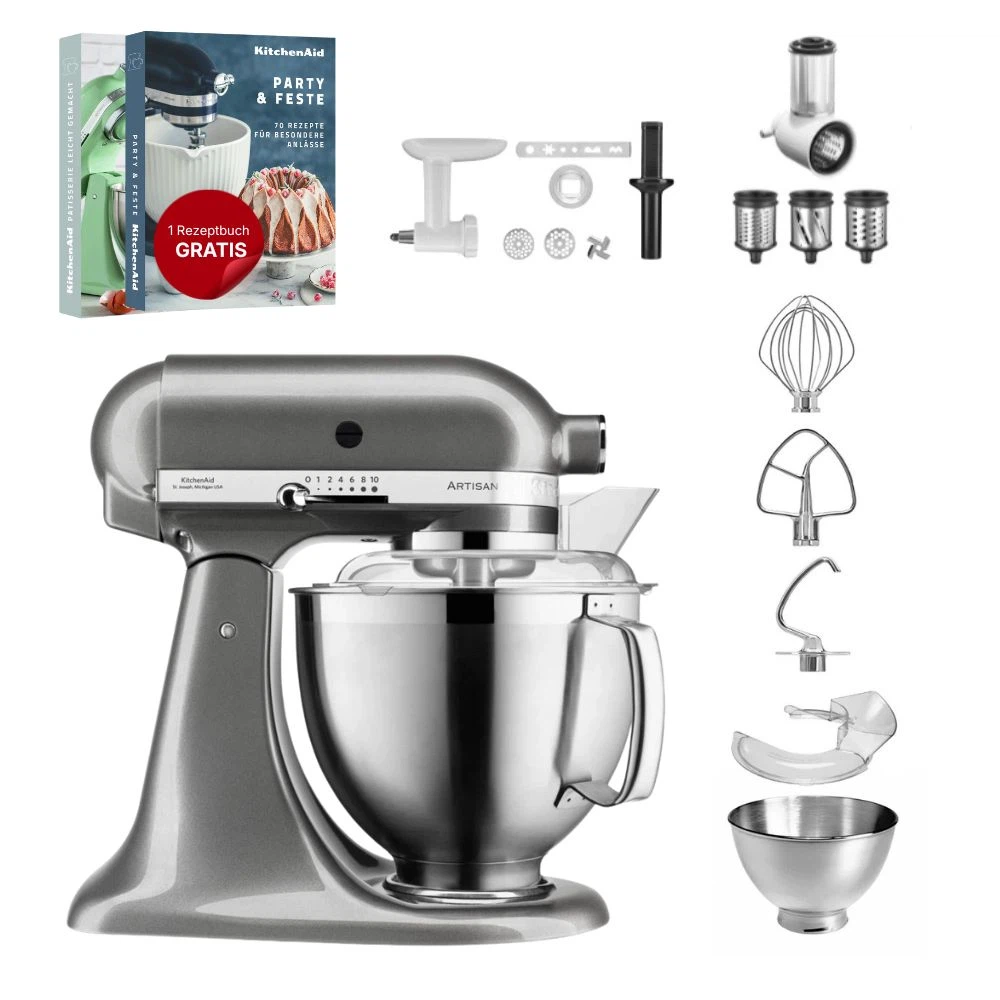 KitchenAid 4,8 L 5KSM185 Artisan Küchenmaschine Allrounderset Fleischwolf+Spritzgebäck+Gemüseschneider-Medaillon Silber
