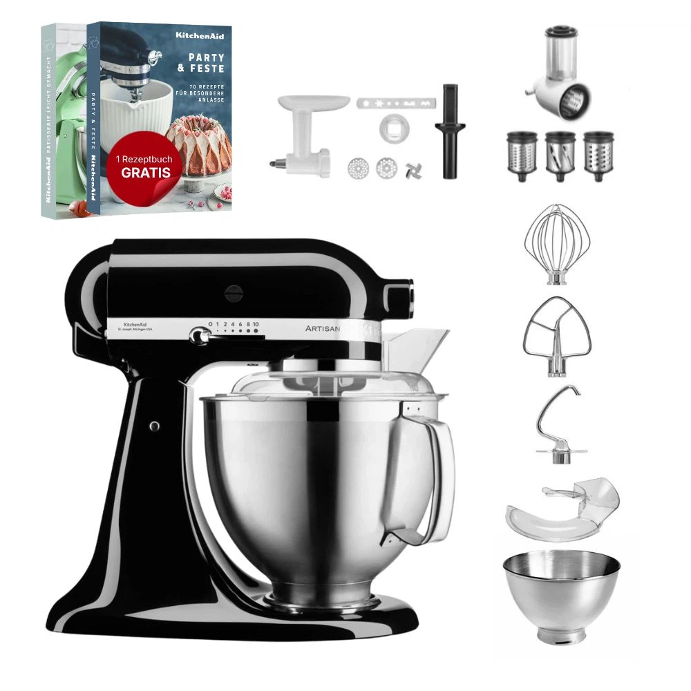 KitchenAid 4,8 L 5KSM185 Artisan Küchenmaschine Allrounderset Fleischwolf+Spritzgebäck+Gemüseschneider-Onyx Schwarz