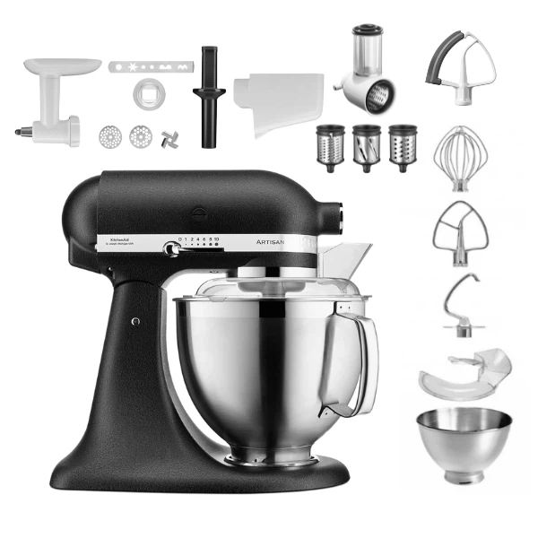 KitchenAid 4,8 L 5KSM185 Artisan Küchenmaschine Profiset Fleischwolf+Spritzgebäck+Gemüseschneider+Pürie-Gusseisen Schwarz