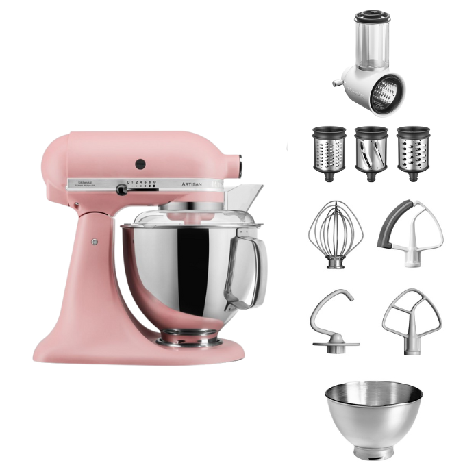 KitchenAid 4,8 L 5KSM175 Artisan Küchenmaschine Beginnerset mit Gemüseschneider-Altrosa