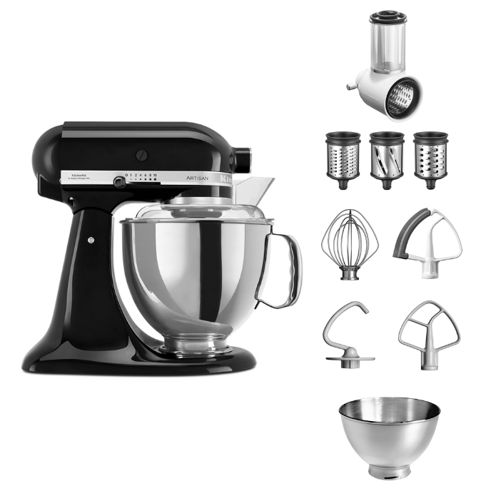 KitchenAid 4,8 L 5KSM175 Artisan Küchenmaschine Beginnerset mit Gemüseschneider-Onyx Schwarz