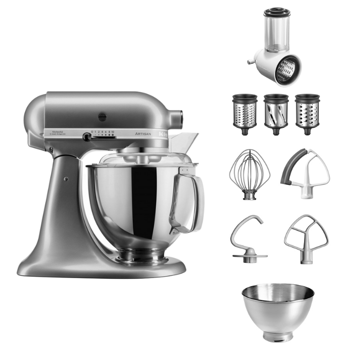 KitchenAid 4,8 L 5KSM175 Artisan Küchenmaschine Beginnerset mit Gemüseschneider-Kontursilber