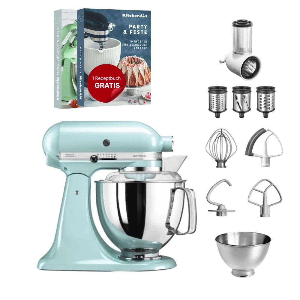 KitchenAid 4,8 L 5KSM175 Artisan Küchenmaschine Beginnerset mit Gemüseschneider-Eisblau