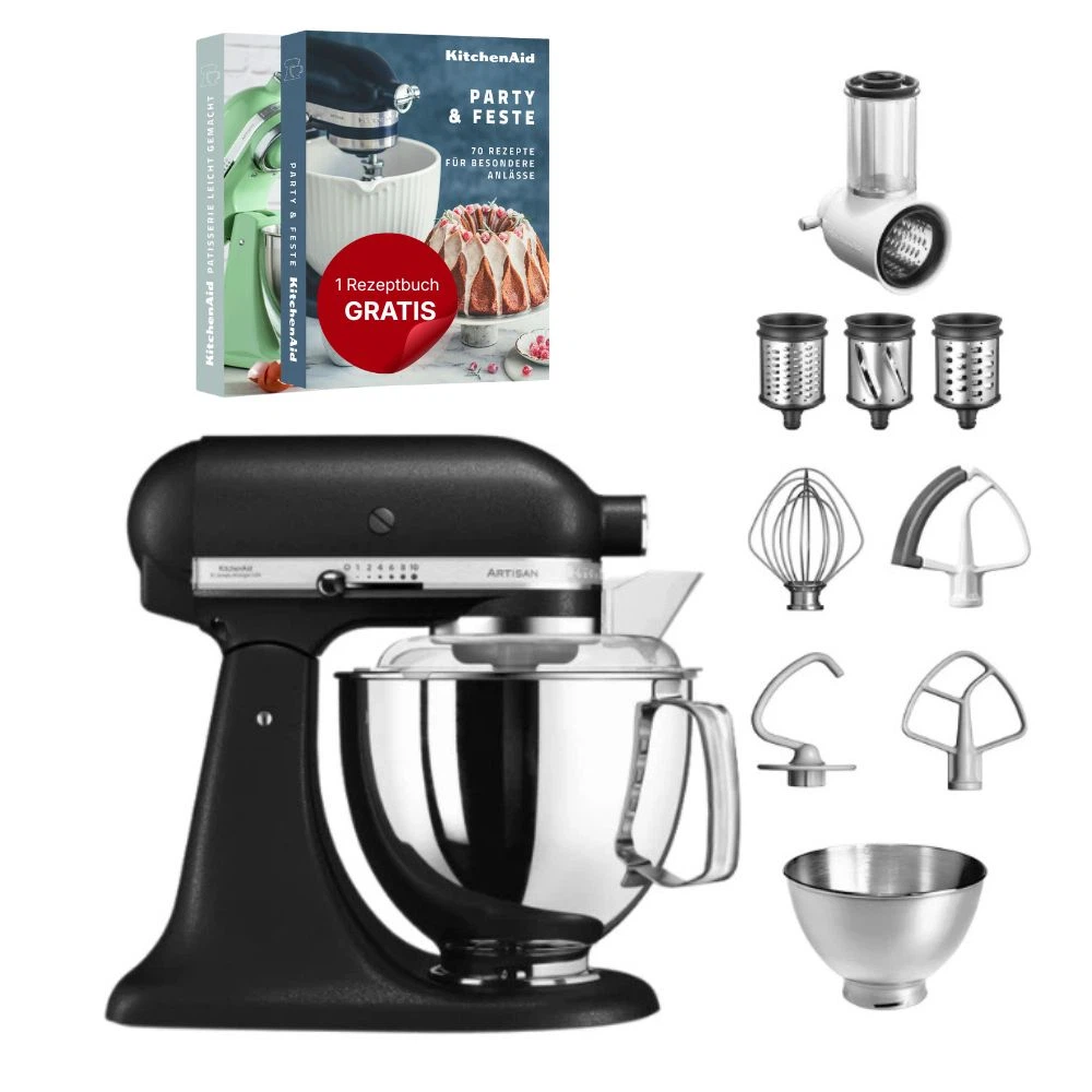 KitchenAid 4,8 L 5KSM175 Artisan Küchenmaschine Beginnerset mit Gemüseschneider-Gusseisen Schwarz