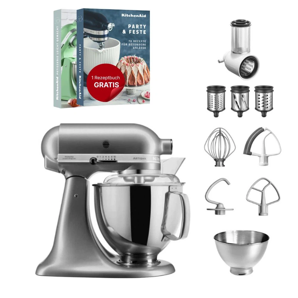 KitchenAid 4,8 L 5KSM175 Artisan Küchenmaschine Beginnerset mit Gemüseschneider-Kontursilber