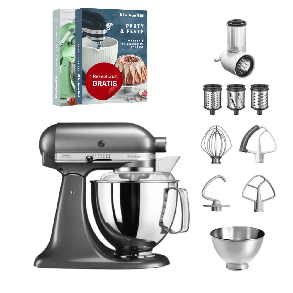 KitchenAid 4,8 L 5KSM175 Artisan Küchenmaschine Beginnerset mit Gemüseschneider-Medaillon Silber