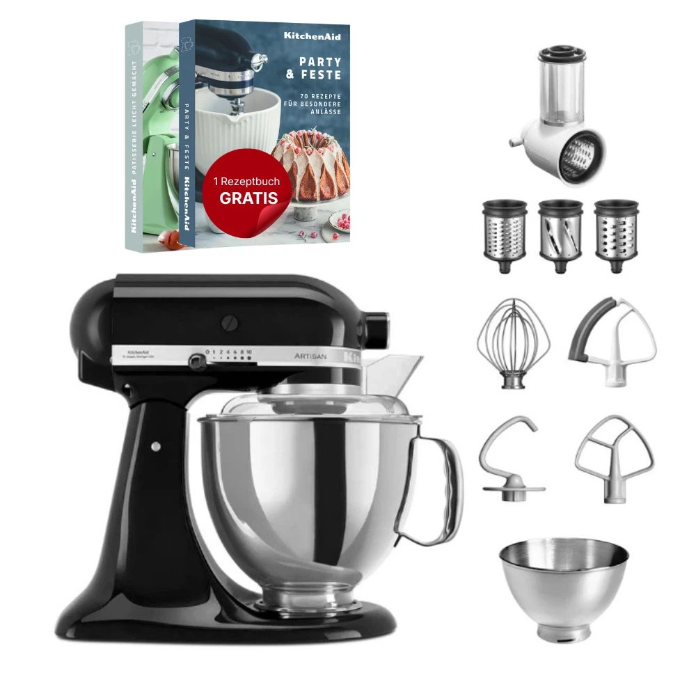 KitchenAid 4,8 L 5KSM175 Artisan Küchenmaschine Beginnerset mit Gemüseschneider-Onyx Schwarz