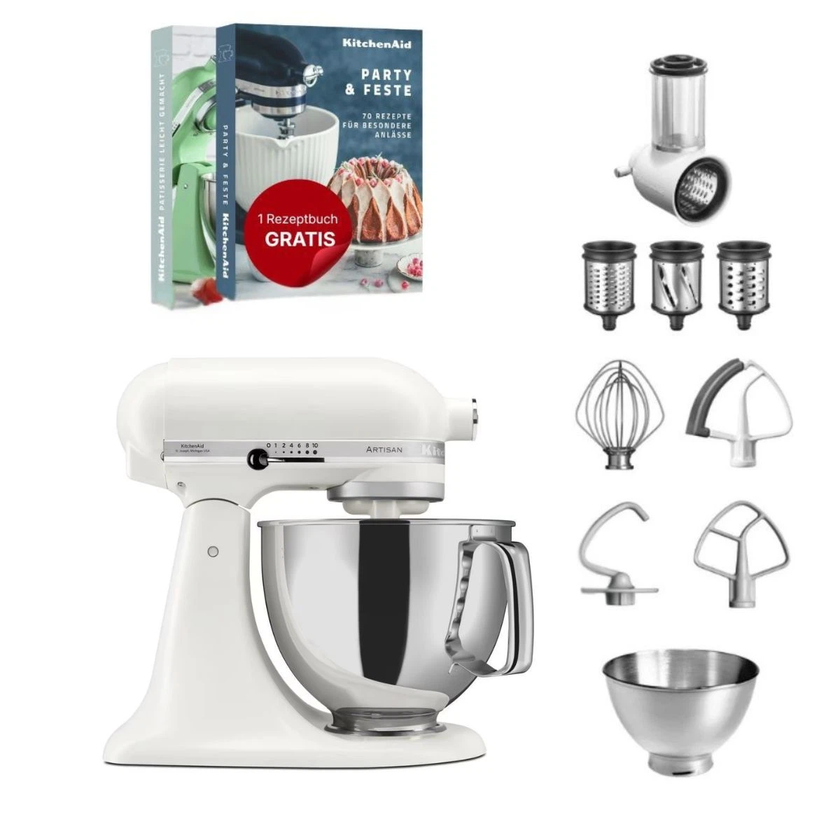 KitchenAid 4,8 L 5KSM175 Artisan Küchenmaschine Beginnerset mit Gemüseschneider-Porcelain White