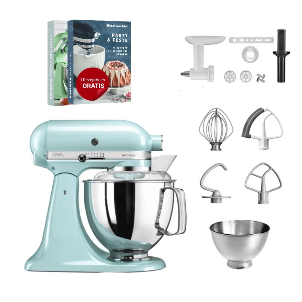 KitchenAid 4,8 L 5KSM175 Artisan Küchenmaschine Cookielover mit Fleischwolf+Spritzgebäckvorsatz-Eisblau