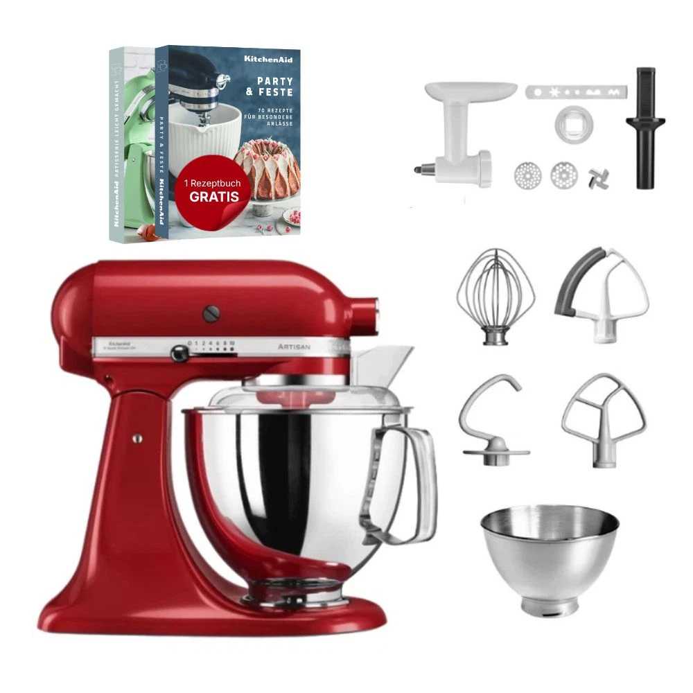 KitchenAid 4,8 L 5KSM175 Artisan Küchenmaschine Cookielover mit Fleischwolf+Spritzgebäckvorsatz-Empire Rot